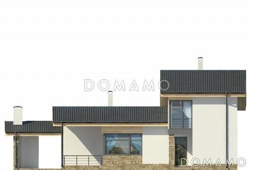 Проект дома с  крытой террасой, дровником, гостиной с камином, парной, двумя спальнями на мансардном этаже / Фасад 1