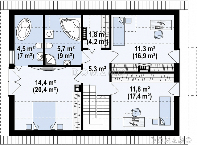 Проект одноэтажного мансардного дома из газобетона с просторной светлой гостиной / План мансардного этажа Проект одноэтажного мансардного дома из газобетона с просторной светлой гостиной / План мансардного этажа