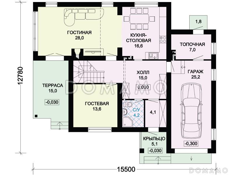 Проект дома из газобетона с небольшой крытой террасой / План 1 этажа