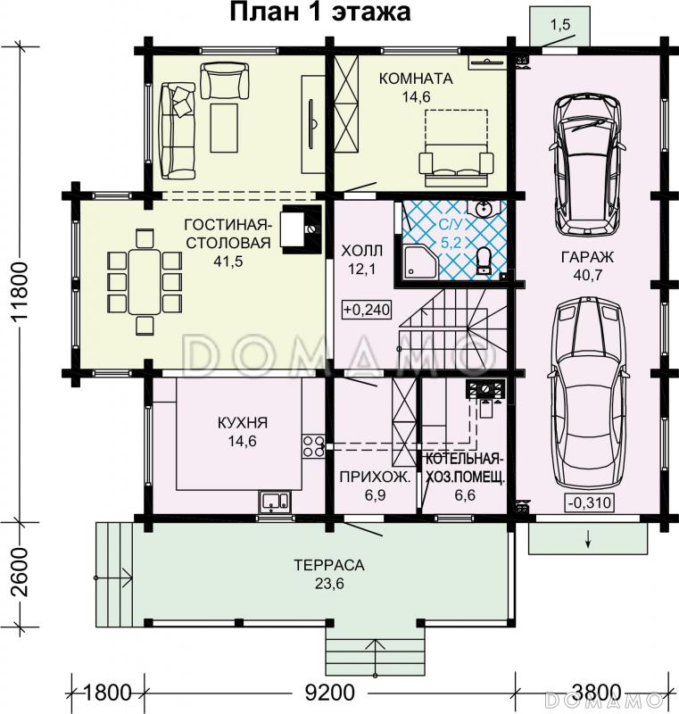 Проект деревянного мансардного дома с гаражом на 2 автомобиля / План 1 этажа