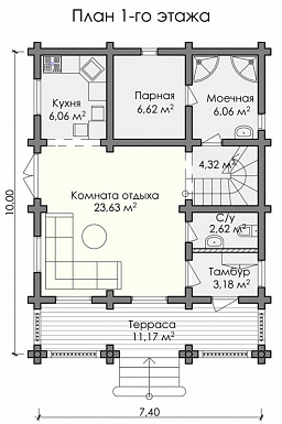 Проект дома из оцилиндрованного бревна с парной, хозяйской спальней с выходом на просторный балкон / План 1 этажа Проект дома из оцилиндрованного бревна с парной, хозяйской спальней с выходом на просторный балкон / План 1 этажа