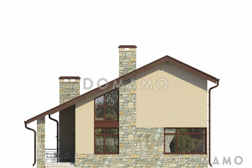 Проект дома с гаражом, гостиной с панорамным окном, тремя спальнями на мансардном этаже, кладовой / Фасад 2