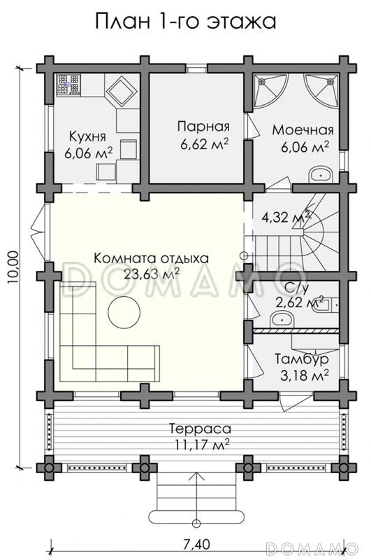Проект дома из оцилиндрованного бревна с парной, хозяйской спальней с выходом на просторный балкон / План 1 этажа