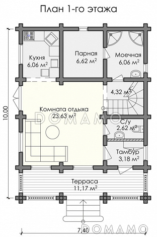 Проект дома из оцилиндрованного бревна с парной, хозяйской спальней с выходом на просторный балкон / План 1 этажа Проект дома из оцилиндрованного бревна с парной, хозяйской спальней с выходом на просторный балкон / План 1 этажа