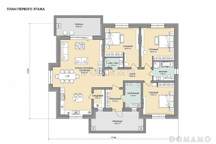 Проект кирпичного одноэтажного дома с тремя спальнями и кухней-столовой-гостиной / План 1 этажа