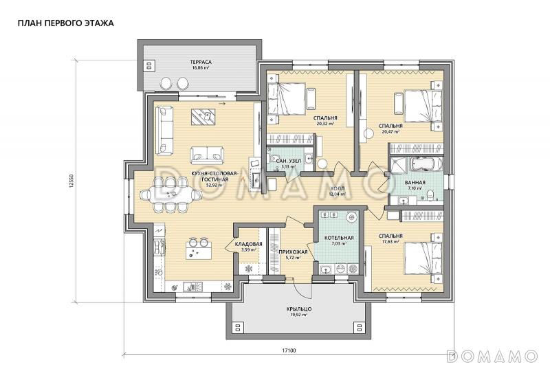 Проект кирпичного одноэтажного дома с тремя спальнями и кухней-столовой-гостиной / План 1 этажа
