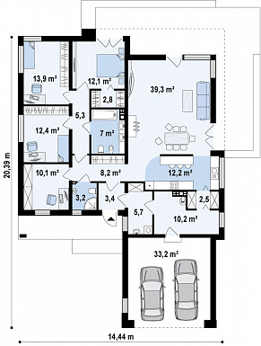 Проект просторного современного одноэтажного дома из кирпича с тремя спальнями, кабинетом и гаражом / План 1 этажа Проект просторного современного одноэтажного дома из кирпича с тремя спальнями, кабинетом и гаражом / План 1 этажа
