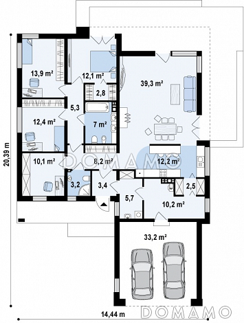 Проект просторного современного одноэтажного дома из кирпича с тремя спальнями, кабинетом и гаражом / План 1 этажа Проект просторного современного одноэтажного дома из кирпича с тремя спальнями, кабинетом и гаражом / План 1 этажа
