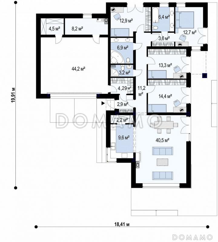 Проект просторного одноэтажного дома из кирпича с четырьмя спальнями, гаражом и панорамным остеклением гостиной / План 1 этажа