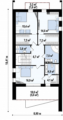 Проект аккуратного современного мансардного дома из кирпича с гаражом и террасой над входом / План мансардного этажа