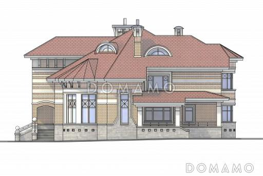 Проект коттеджа с двусветной гостиной, террасой и гаражом на 2 а/м / Фасад 2 Проект коттеджа с двусветной гостиной, террасой и гаражом на 2 а/м / Фасад 2