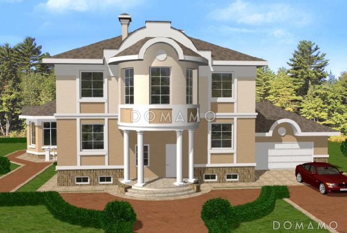 Проект двухэтажного дома из кирпича с полукруглым эркером Проект двухэтажного дома из кирпича с полукруглым эркером