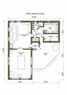 Проект одноэтажной бани с бильярдной и кухней-столовой / План 1 этажа Проект одноэтажной бани с бильярдной и кухней-столовой / План 1 этажа