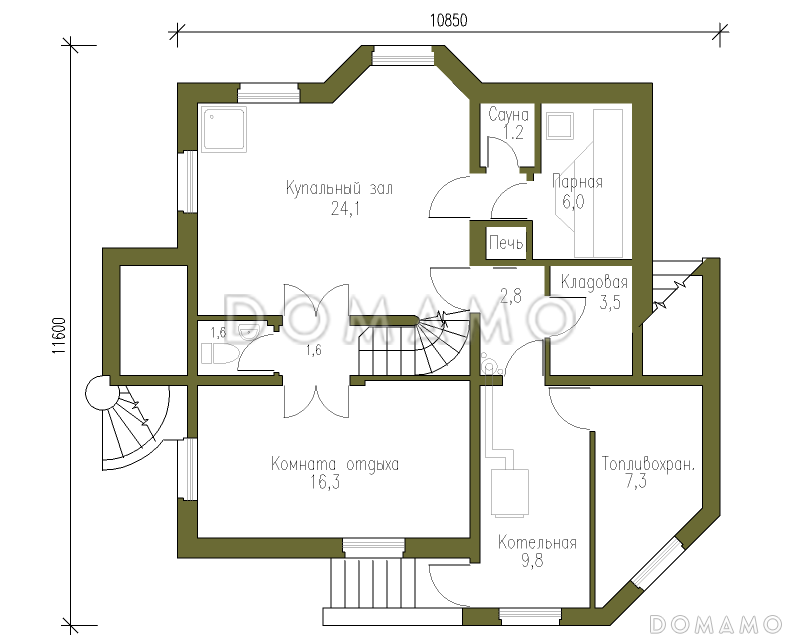Проект коттеджа из бруса в русском стиле / План цокольного этажа