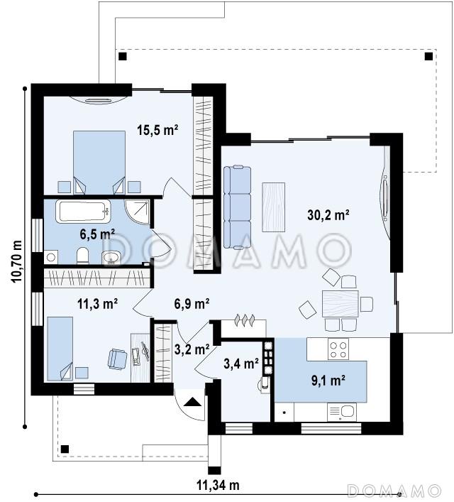 Проект небольшого современного одноэтажного дома из кирпича с двумя спальнями и красивой террасой / План 1 этажа