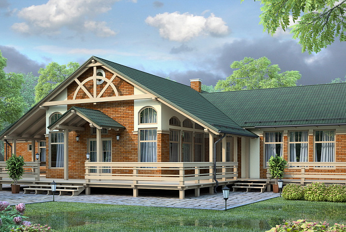 Проект большого одноэтажного дома с обширной террасой и приватной хозяйской территорией