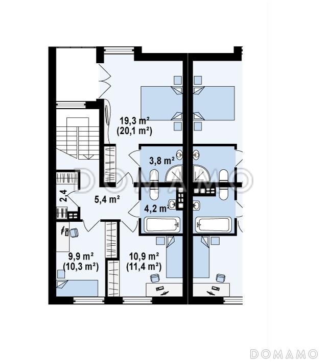 Проект компактных мансардных домов-близнецов из газобетона с изолированной кухней и тремя спальнями / План мансардного этажа