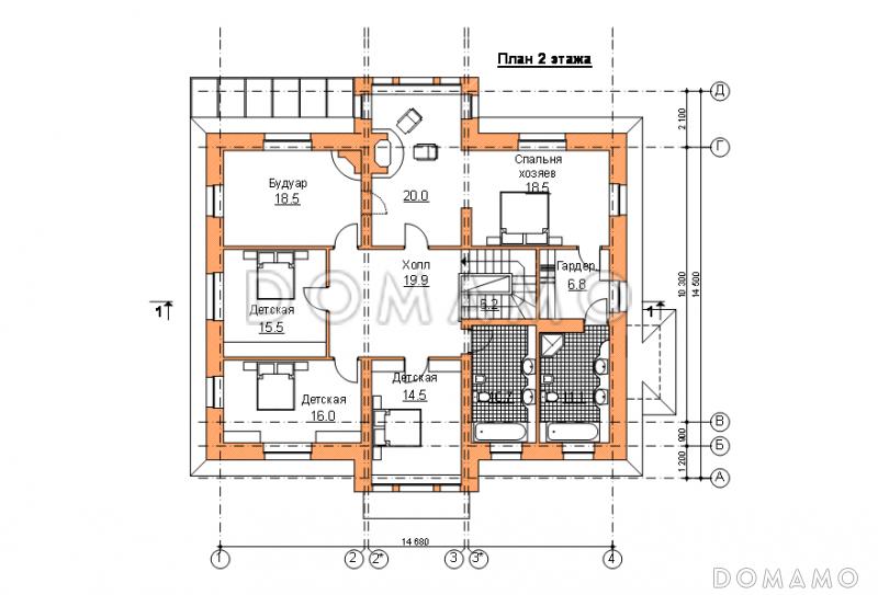 Проект двухэтажного коттеджа с террасой / План 2 этажа