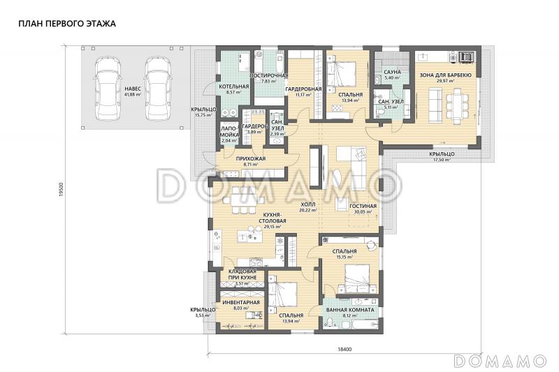 Проект одноэтажного дома с тремя спальнями, верандой для барбекю, постирочной и лапомойкой / План 1 этажа