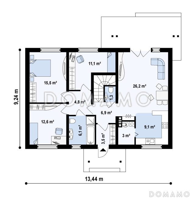 Проект одноэтажного дома из кирпича со свободной планировкой на мансардном этаже / План 1 этажа