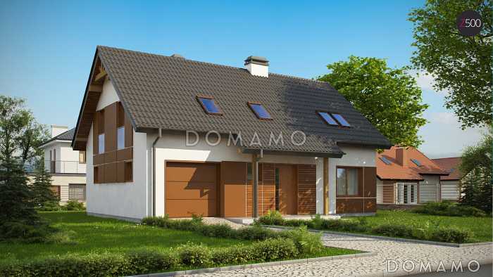 Проект одноэтажного мансардного дома из газобетона с эркером в столовой зоне, кабинетом и со встроенным гаражом