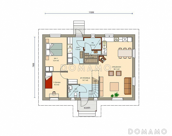 Проект каркасного дома с мансардой и четырьмя спальнями / План 1 этажа Проект каркасного дома с мансардой и четырьмя спальнями / План 1 этажа