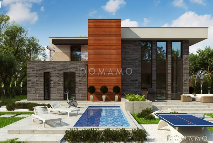 Проект современного двухэтажного дома из кирпича с плоской крышей, со вторым светом, террасами на двух уровнях и гаражом Проект современного двухэтажного дома из кирпича с плоской крышей, со вторым светом, террасами на двух уровнях и гаражом