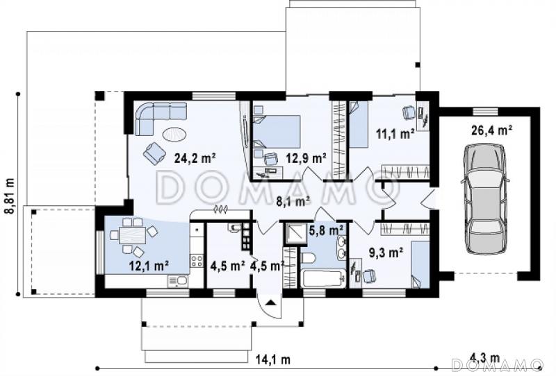Проект одноэтажного дома из газобетона современного дизайна с пристроенным гаражом / План 1 этажа