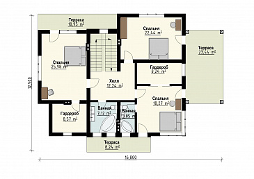 Проект дома для семьи от четырех человек с террасами, просторной кухней-столовой, хозяйской спальней на втором этаже / План 2 этажа Проект дома для семьи от четырех человек с террасами, просторной кухней-столовой, хозяйской спальней на втором этаже / План 2 этажа
