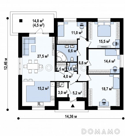 Проект одноэтажного дома с террасой, большой кухней, кладовой / План 1 этажа