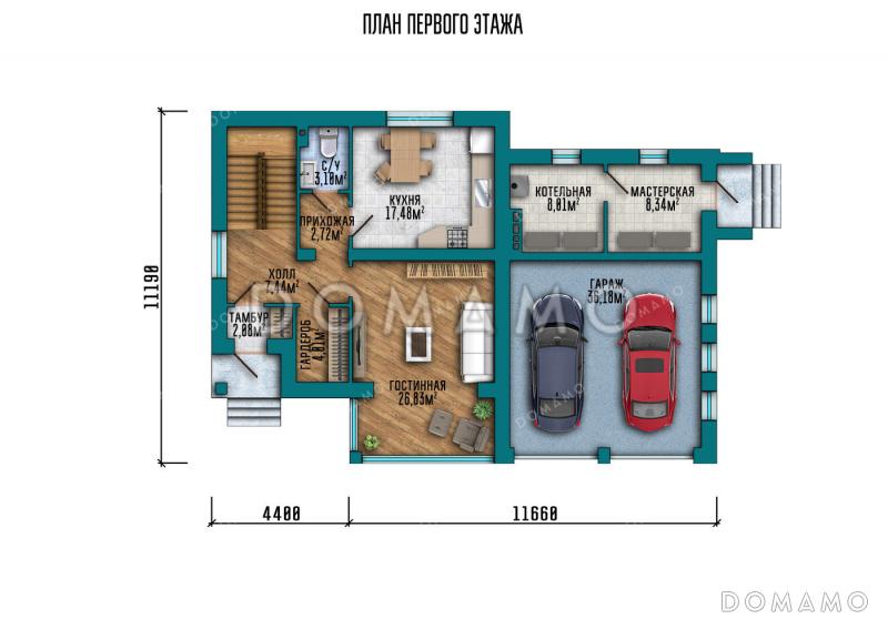 Проект загородного дома с 3 спальнями, изолированной кухней, гаражом на 2 машины и мастерской / План 1 этажа