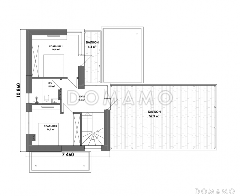 Проект двухэтажной бани из газобетона с кухней, гостиной, балконом и 2 спальнями / План 2 этажа
