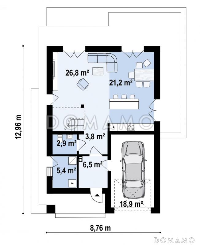Проект комфортного дома с прачечной, гаражом, тремя спальнями на мансарде и просторной гардеробной / План 1 этажа
