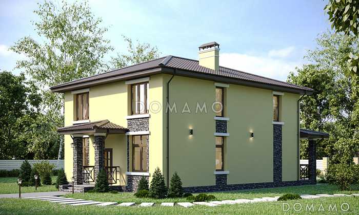 Проект двухэтажного дома с 4 спальнями, кабинетом, просторной кухней-гостиной и длинной крытой террасой Проект двухэтажного дома с 4 спальнями, кабинетом, просторной кухней-гостиной и длинной крытой террасой