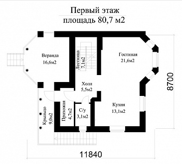 Проект дома на рельефе в стиле фахверк с гаражом в подвале / План 1 этажа Проект дома на рельефе в стиле фахверк с гаражом в подвале / План 1 этажа