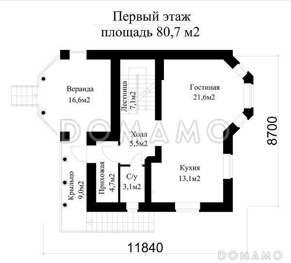 Проект дома на рельефе в стиле фахверк с гаражом в подвале / План 1 этажа