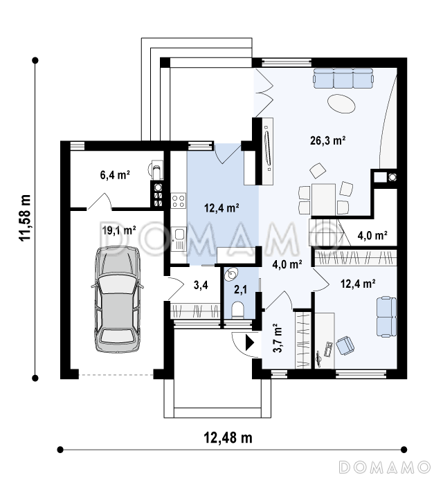 Проект современного каркасного двухэтажного дома с четырьмя спальнями, кабинетом и пристроенным гаражом / План 1 этажа