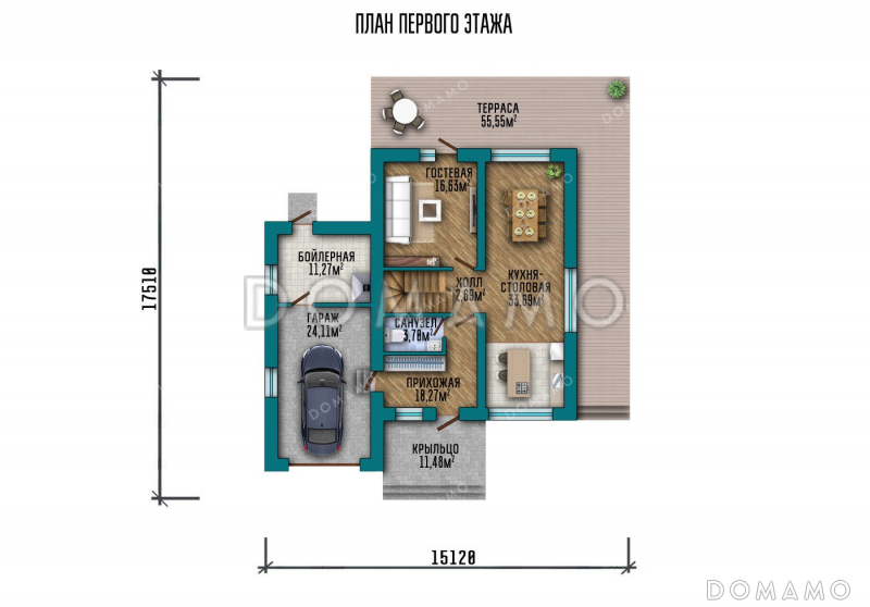 Проект двухэтажного дома с просторной террасой и плоской кровлей / План 1 этажа