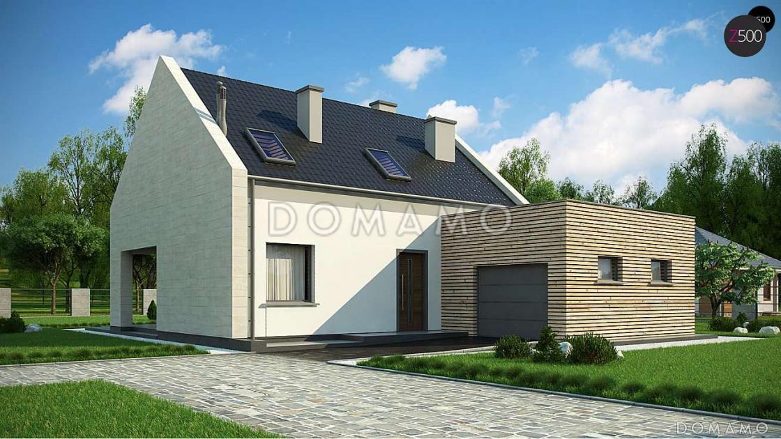 Проект современного одноэтажного мансардного дома из газобетона с пристроенным гаражом / 1