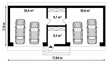 Проект большого гаража из кирпича для четырёх автомобилей с подсобными помещениями  / План 1 этажа