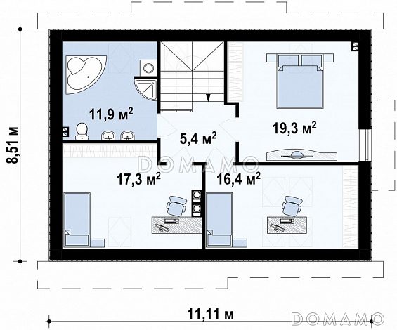 Проект небольшого одноэтажного мансардного дома из газобетона с дополнительной комнатой на первом этаже и панорамным остеклением дневной зоны / План мансардного этажа