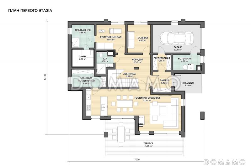 Проект дома в стиле барнхаус с гаражом, спортзалом и тремя спальнями / План 1 этажа