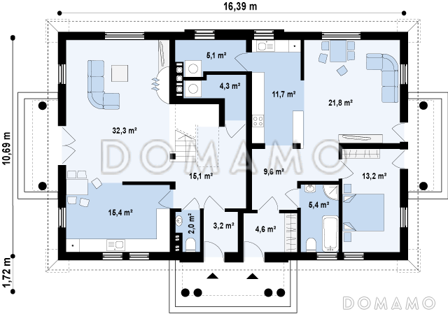 Проект комфортного одноэтажного мансардного дома из газобетона для двух семей в стиле русской усадьбы / План 1 этажа