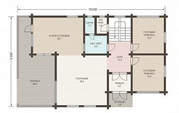 Проект двухэтажного дома из клееного бруса с двумя гостевыми комнатами на первом этаже / План 1 этажа Проект двухэтажного дома из клееного бруса с двумя гостевыми комнатами на первом этаже / План 1 этажа