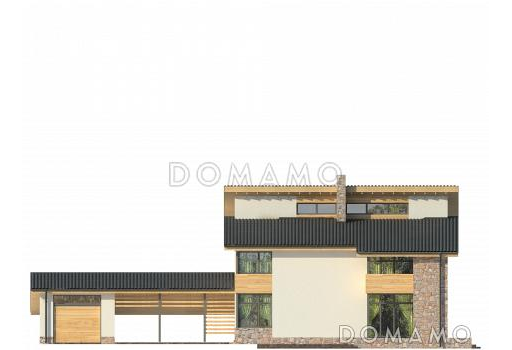 Проект дома с гаражом и навесом для автомобилей, просторной гостиной, спальней на первом этаже, террасой, вторым светом, длинным балконом / Фасад 1