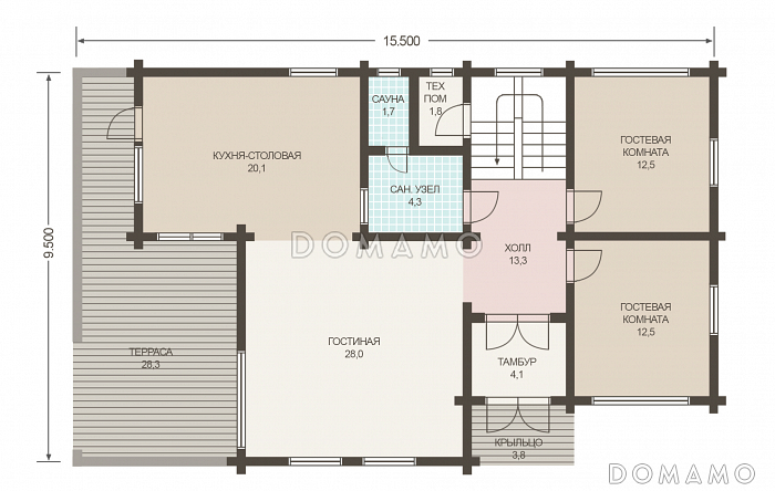 Проект двухэтажного дома из клееного бруса с двумя гостевыми комнатами на первом этаже / План 1 этажа Проект двухэтажного дома из клееного бруса с двумя гостевыми комнатами на первом этаже / План 1 этажа