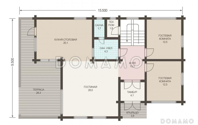 Проект двухэтажного дома из клееного бруса с двумя гостевыми комнатами на первом этаже / План 1 этажа