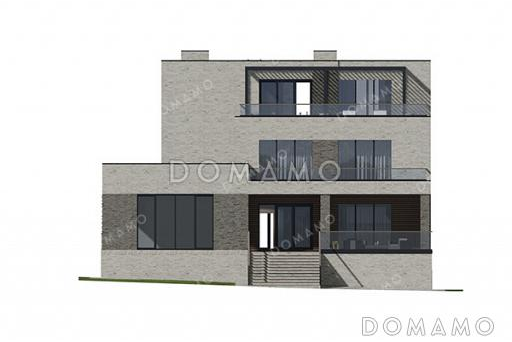 Проект современного особняка с бассейном, бильярдной и открытыми балконами на третьем этаже / Фасад 2