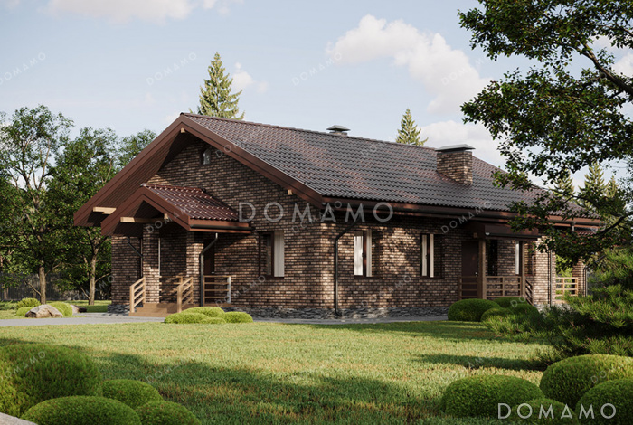 Проект выразительного одноэтажного дома с двухскатной крышей в разных уровнях, большой террасой и вторым светом Проект выразительного одноэтажного дома с двухскатной крышей в разных уровнях, большой террасой и вторым светом