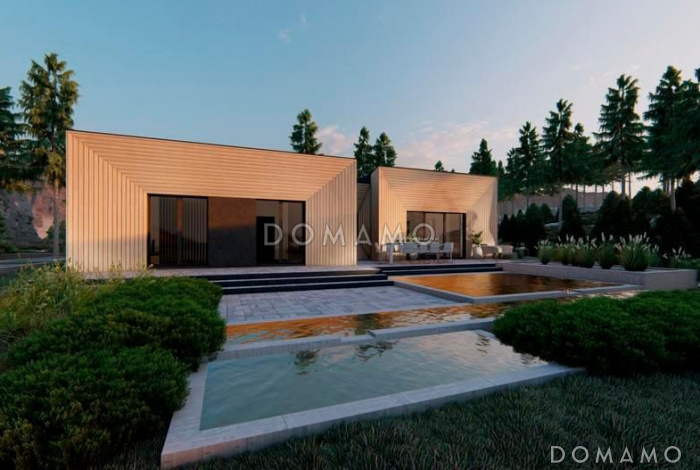 Проект одноэтажного дома с плоской крышей, просторной кухней-гостиной, гаражом, мастер-спальней